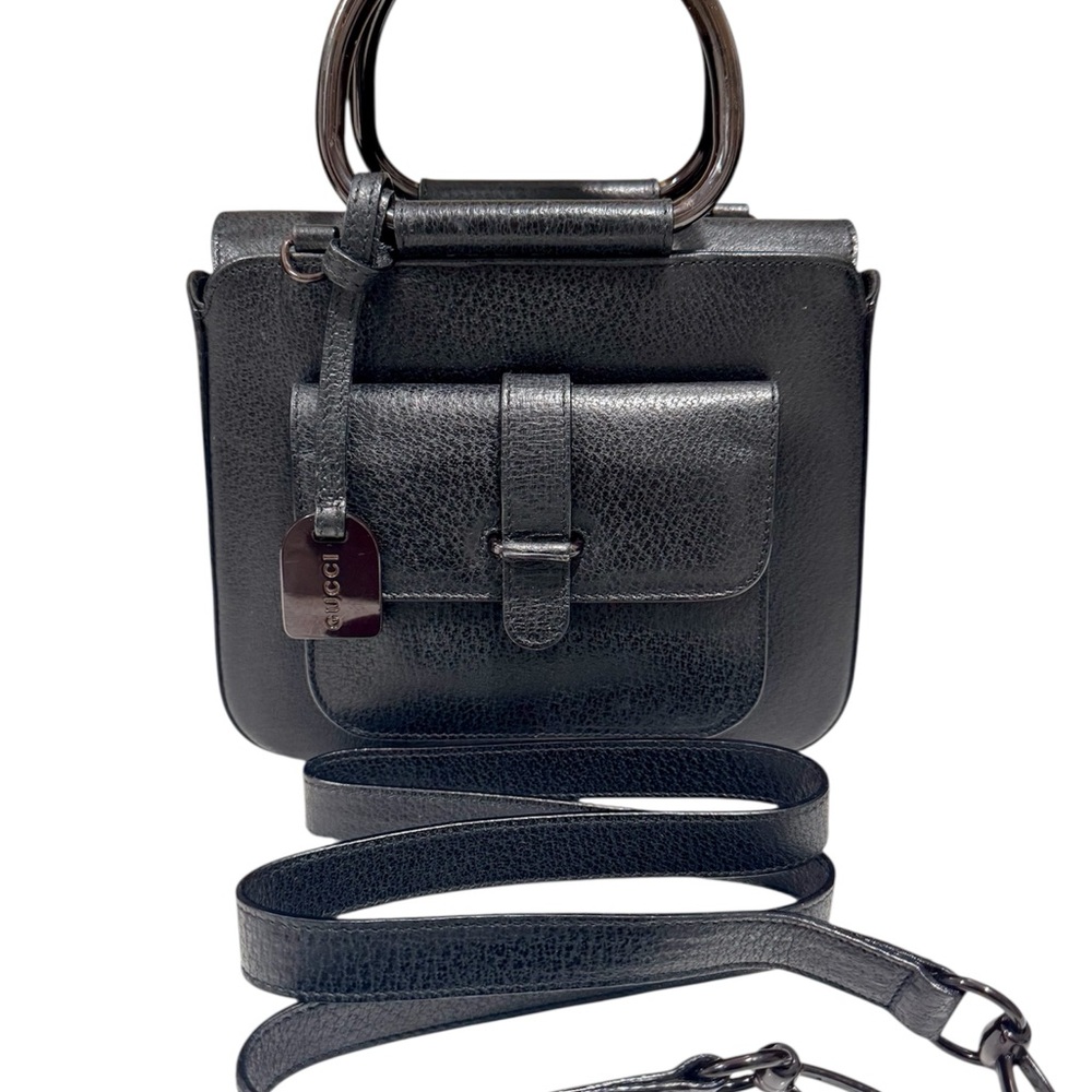 Gucci Black leather 2-way Crossbody Bag with brown metal Accents Removable strap